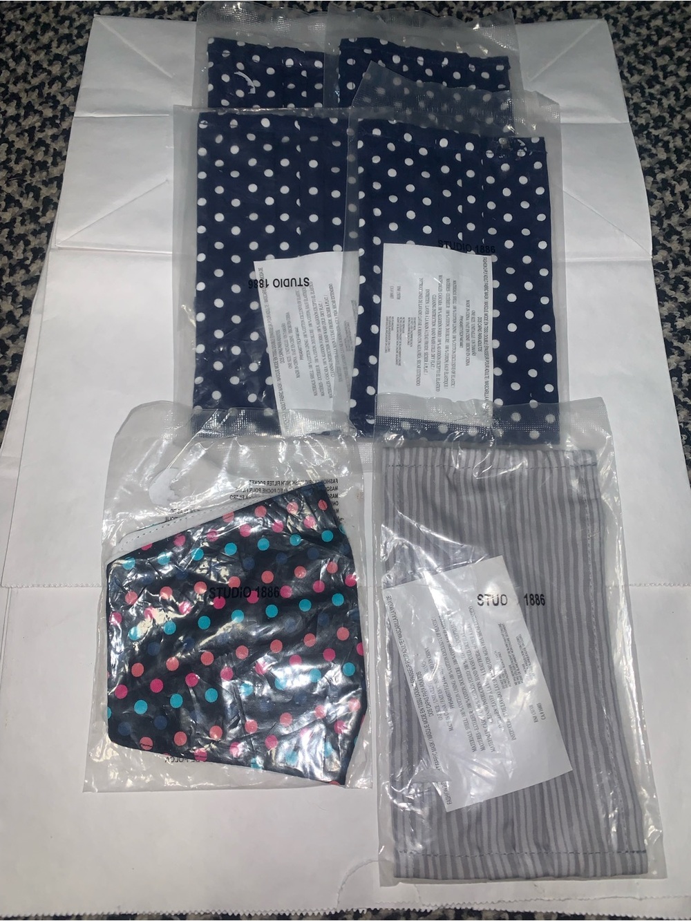 Assorted Face Masks - Navy Polka Dot, Multi Dot & Gray Stripe with straps
